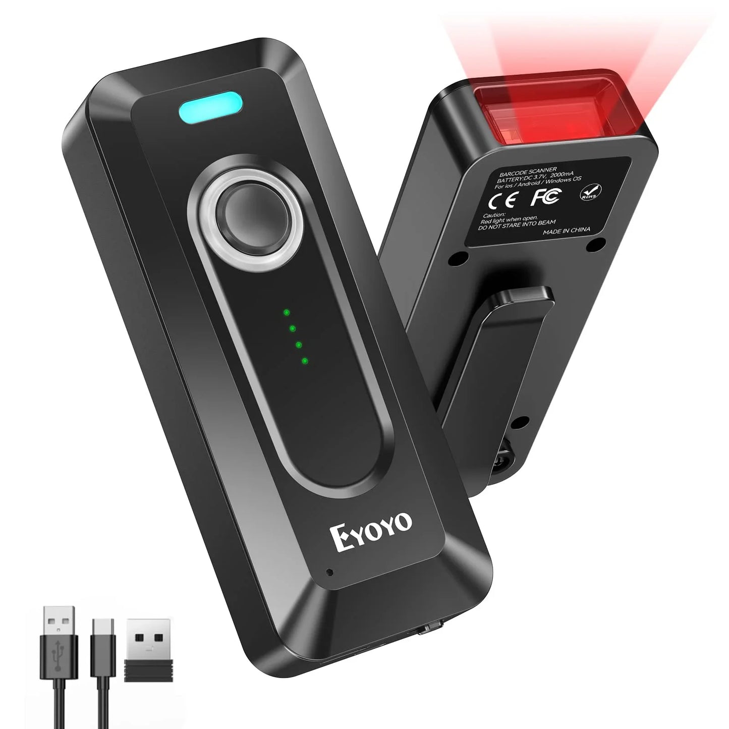 Eyoyo EY-039 2024 New Bluetooth Barcode Scanner 2D QR Wireless Mini 1D Bar Code Reader With Clip&Power Indicator,2000mAh Battery