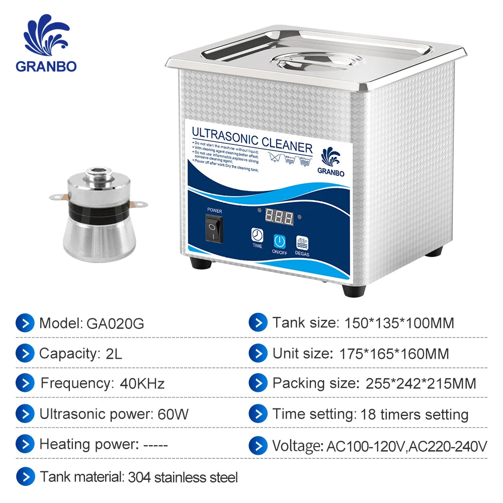2L Ultrasonic Cleaner 40kHz 35/60W with Degas Household Cleaning Machine for Jewelry, Eyeglasses, and Small Parts