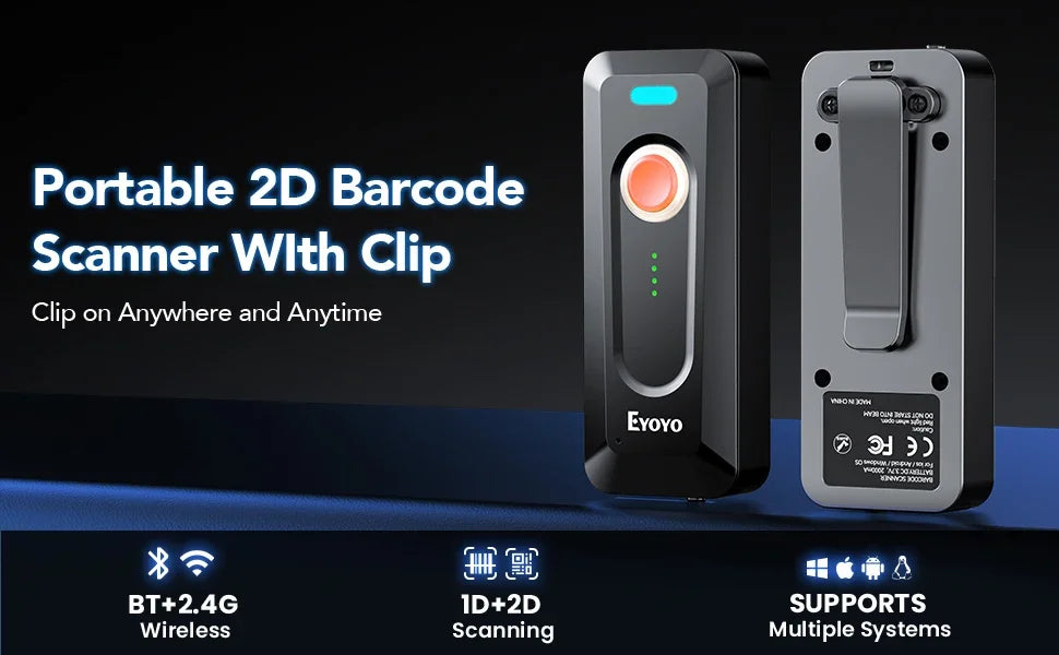 Eyoyo EY-039 2024 New Bluetooth Barcode Scanner 2D QR Wireless Mini 1D Bar Code Reader With Clip&Power Indicator,2000mAh Battery