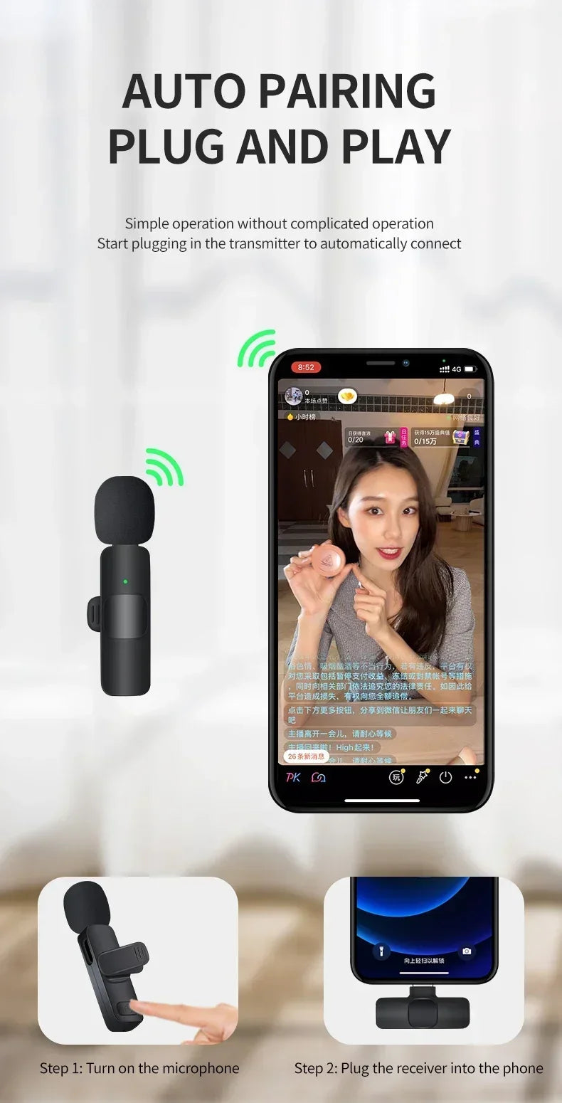 Mini Portable Wireless Lavalier Microphone for Live Broadcast Gaming Audio Video Recording iPhone Android