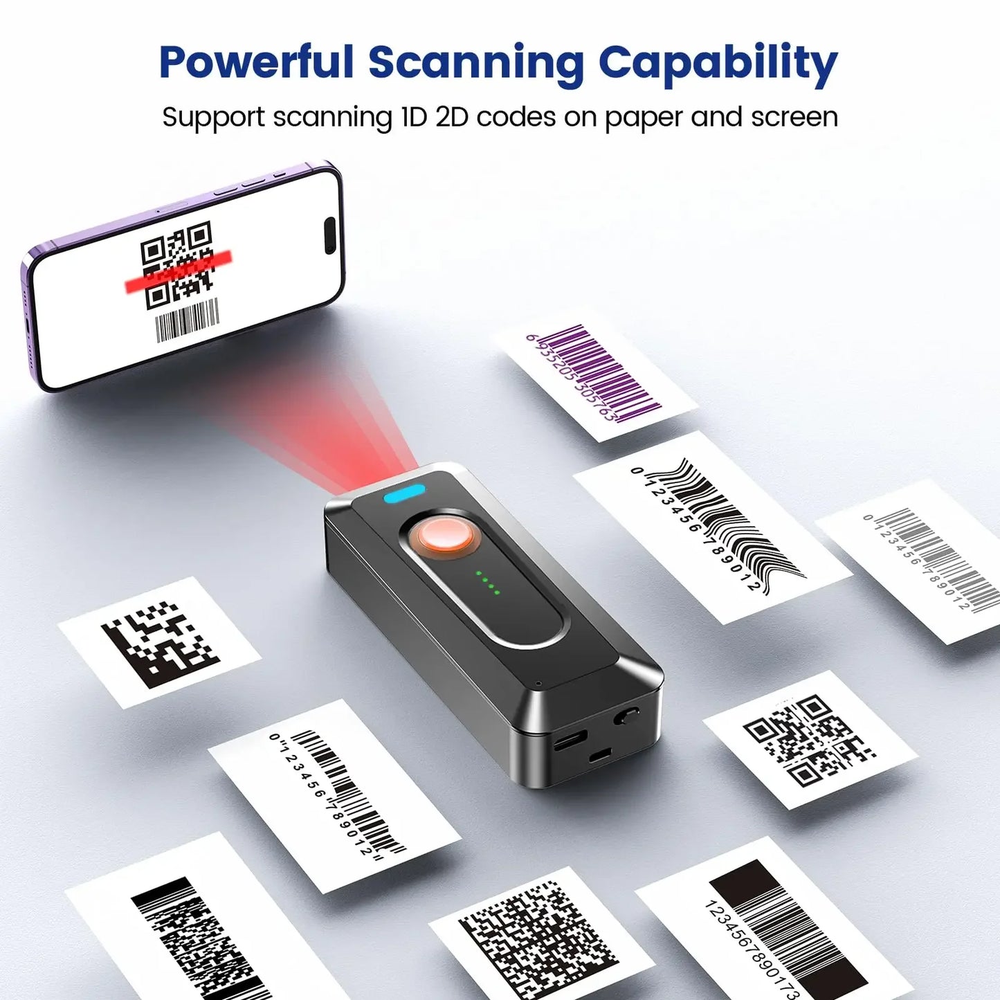 Eyoyo EY-039 2024 New Bluetooth Barcode Scanner 2D QR Wireless Mini 1D Bar Code Reader With Clip&Power Indicator,2000mAh Battery