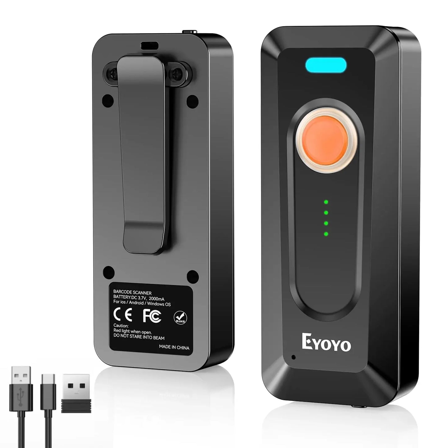 Eyoyo EY-039 2024 New Bluetooth Barcode Scanner 2D QR Wireless Mini 1D Bar Code Reader With Clip&Power Indicator,2000mAh Battery