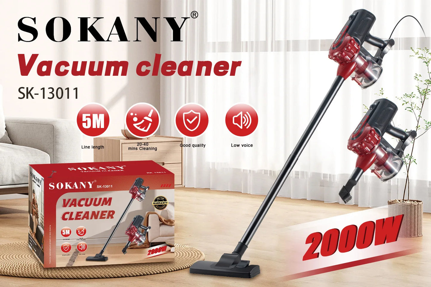 2000W Ultra-Light Vacuum Cleaner Houselin Powerful Suction for Carpet Hard Floor Hair Deep Cleaning with Replaceable Brush Head