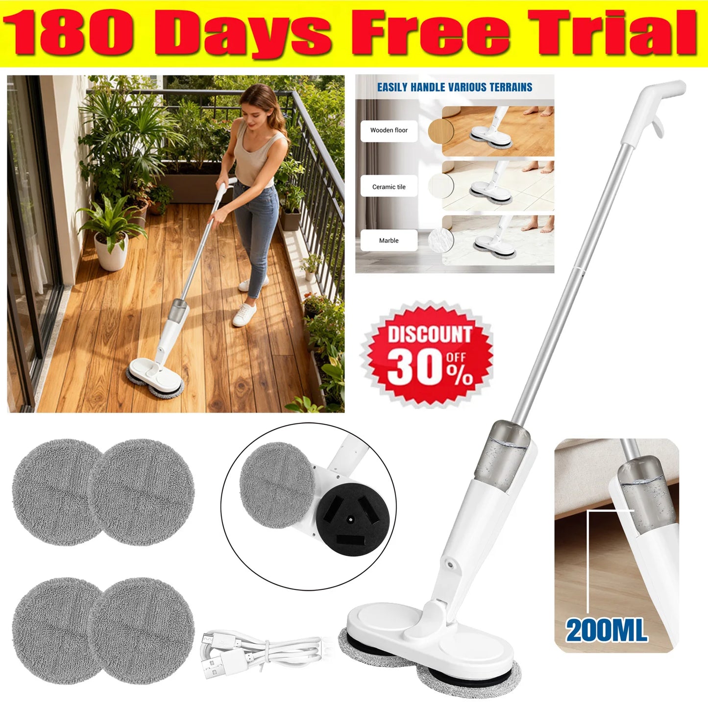 Cordless Electric Mop | Dual Spinning Scrubber Hard Floor USB Charging w/4 Pads, 200ml water tank ,Suitable for cleaning various surfaces, suitable for wood, tiles, ceramics, glass and other surfaces.