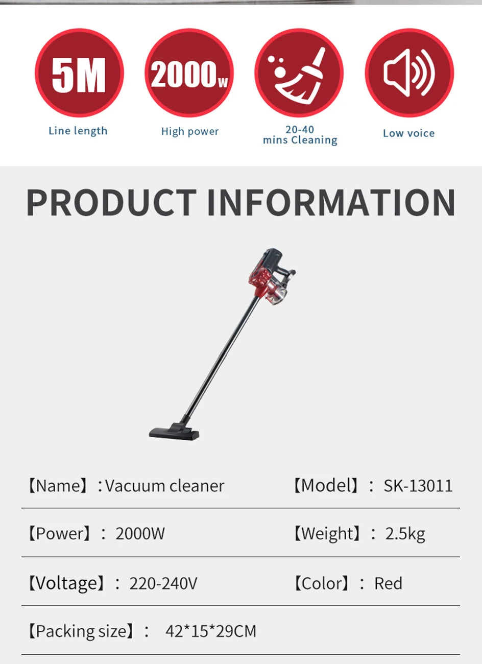 2000W Ultra-Light Vacuum Cleaner Houselin Powerful Suction for Carpet Hard Floor Hair Deep Cleaning with Replaceable Brush Head