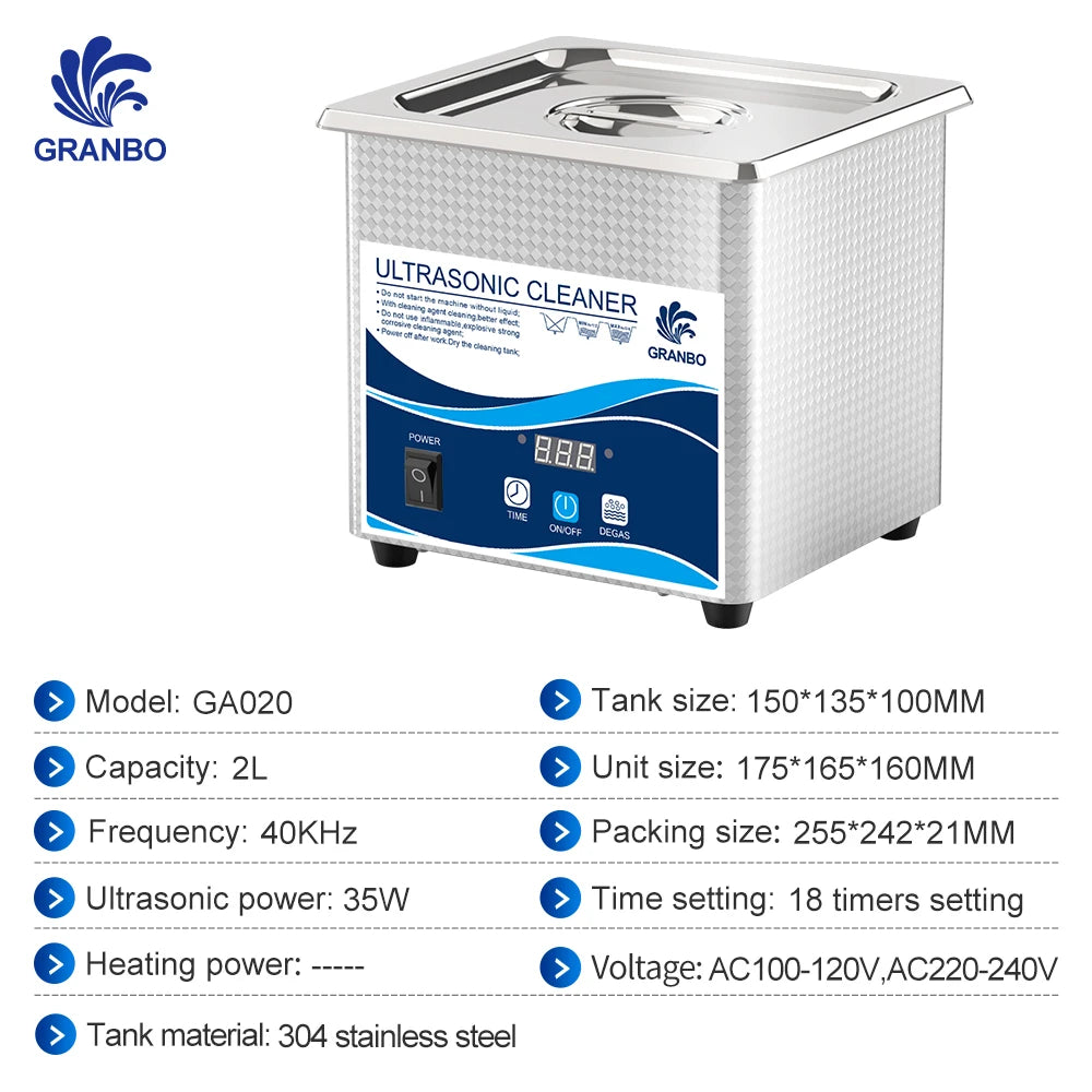 2L Ultrasonic Cleaner 40kHz 35/60W with Degas Household Cleaning Machine for Jewelry, Eyeglasses, and Small Parts