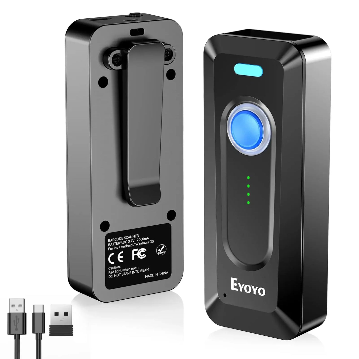 Eyoyo EY-039 2024 New Bluetooth Barcode Scanner 2D QR Wireless Mini 1D Bar Code Reader With Clip&Power Indicator,2000mAh Battery